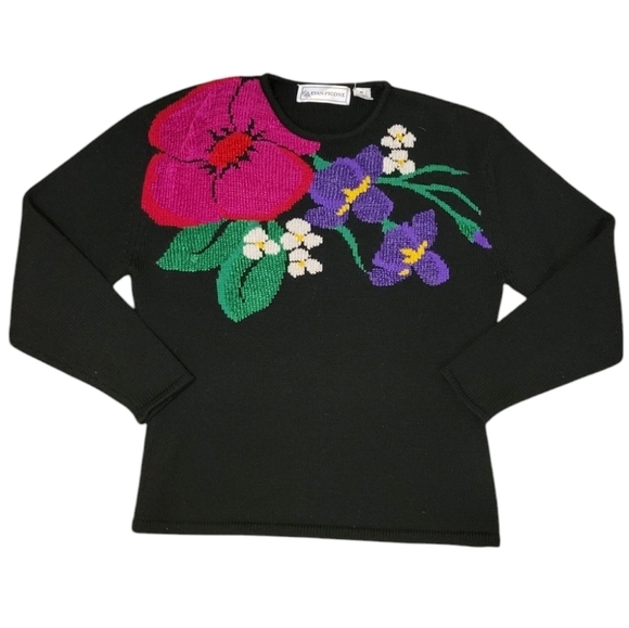 Evan Picone Vintage Women's Long Sleeve Wool Blend Sweater Bright Flowers Medium - Picture 2 of 6